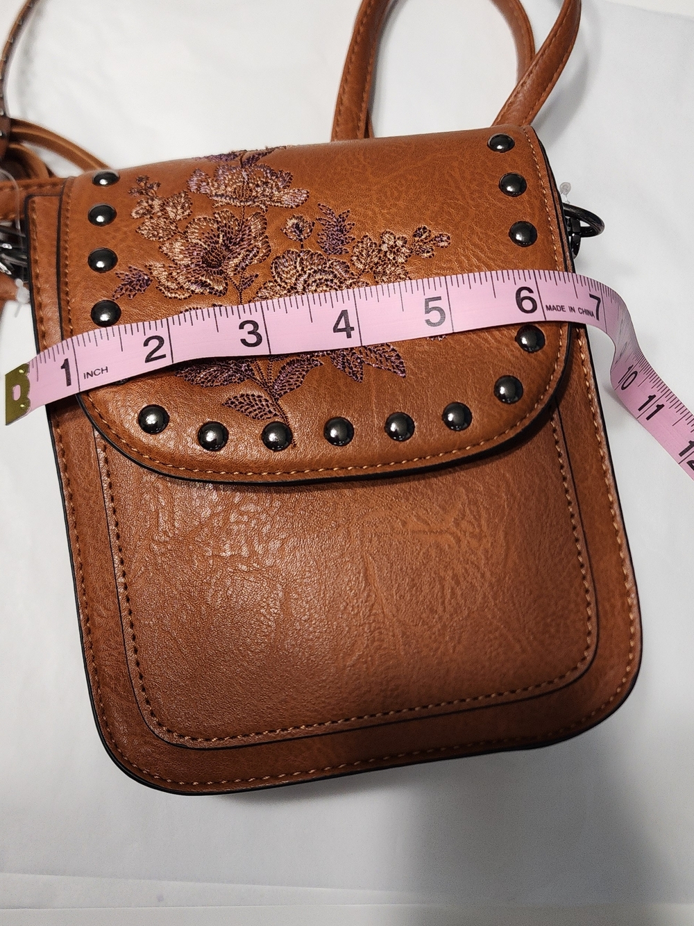 Western Embroidered Floral Tan Crossbody Bag with Stud Accents - Picture 9 of 10
